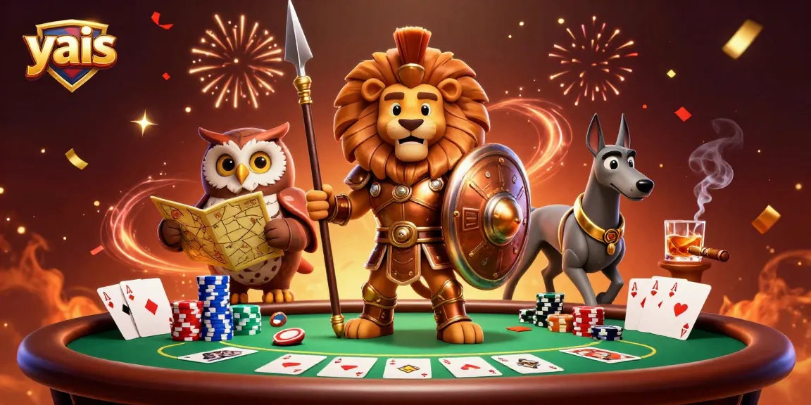 Engage with exciting poker action at yais, featuring a 3D Spartan lion and vibrant casino elements.