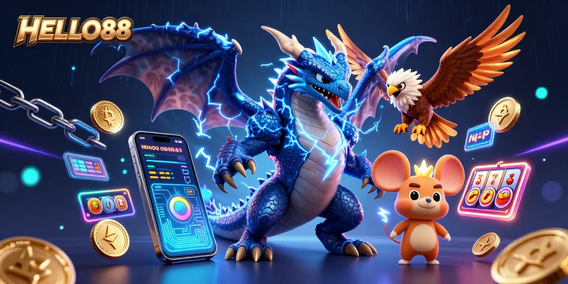 Play with dynamic excitement at HELLO88, featuring engaging slot reels and vibrant casino elements.