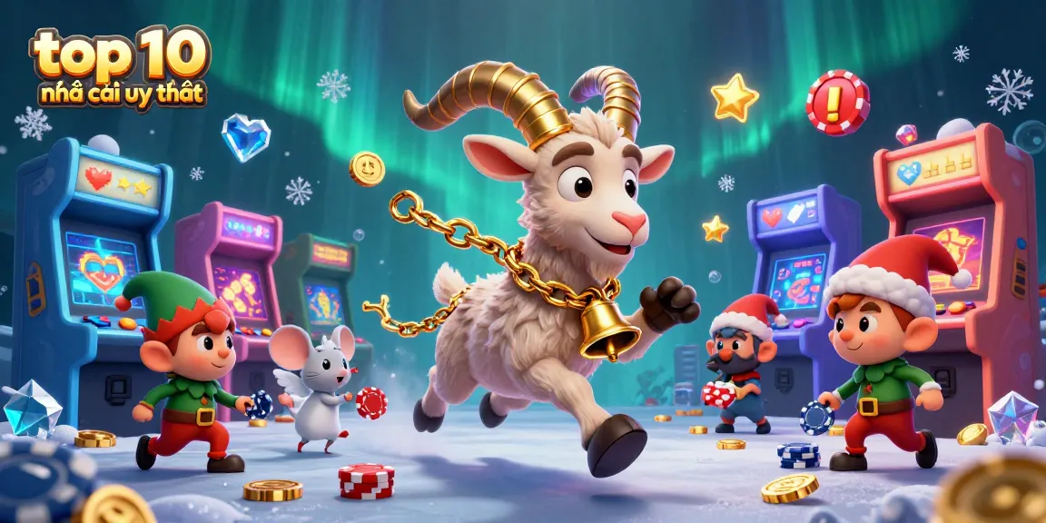 Engage with the top 10 nhà cái uy tín in a festive casino scene filled with playful characters.
