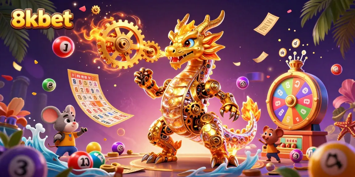 Experience the thrill of 8xbet with the golden dragon amidst colorful lottery elements and vibrant visuals.