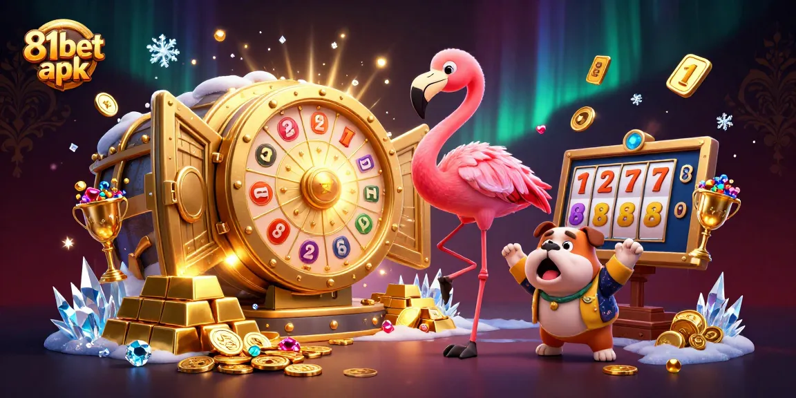 Experience the excitement of 81bet apk with a giant prize wheel, animated characters, and dazzling casino elements.