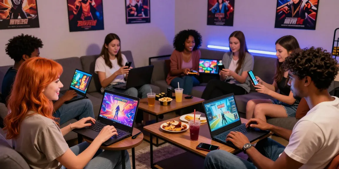 Adults enjoying their time as they play hentai games on various devices in a cozy gaming lounge.