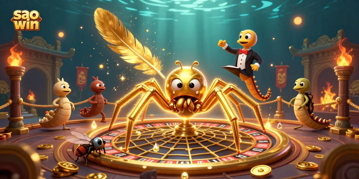 Sao win features a golden spider and centipede croupier in a thrilling casino scene filled with dynamic betting elements.