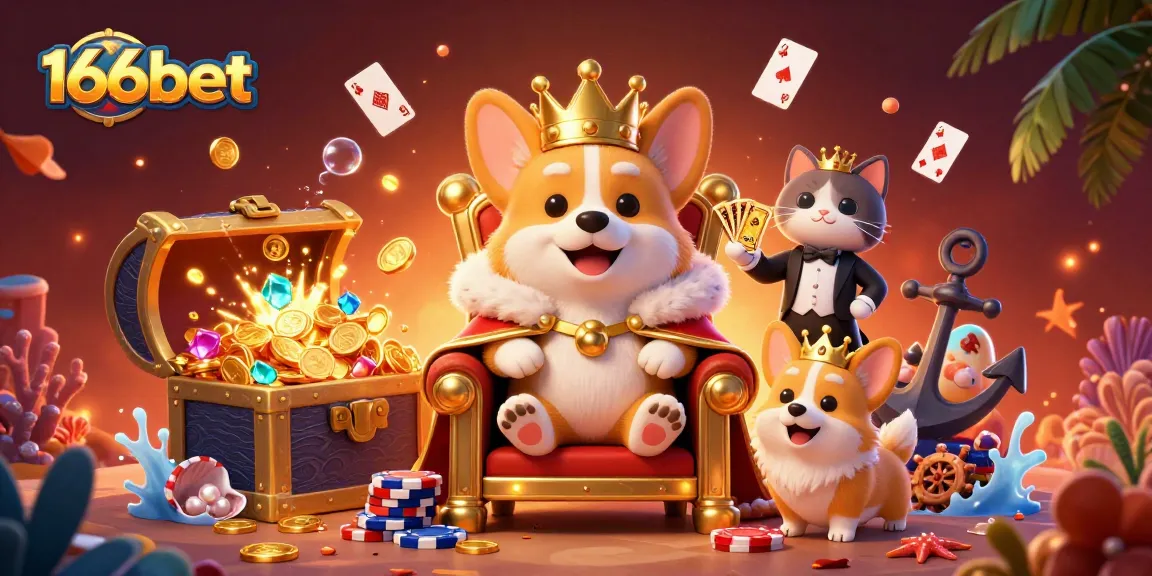 Experience thrilling games at 166bet with a royal corgi in a vibrant casino scene.
