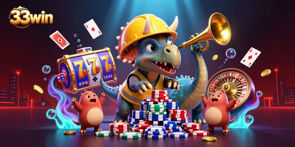 Engage with the vibrant action of 33win in this lively online casino scene featuring playful dinosaurs.
