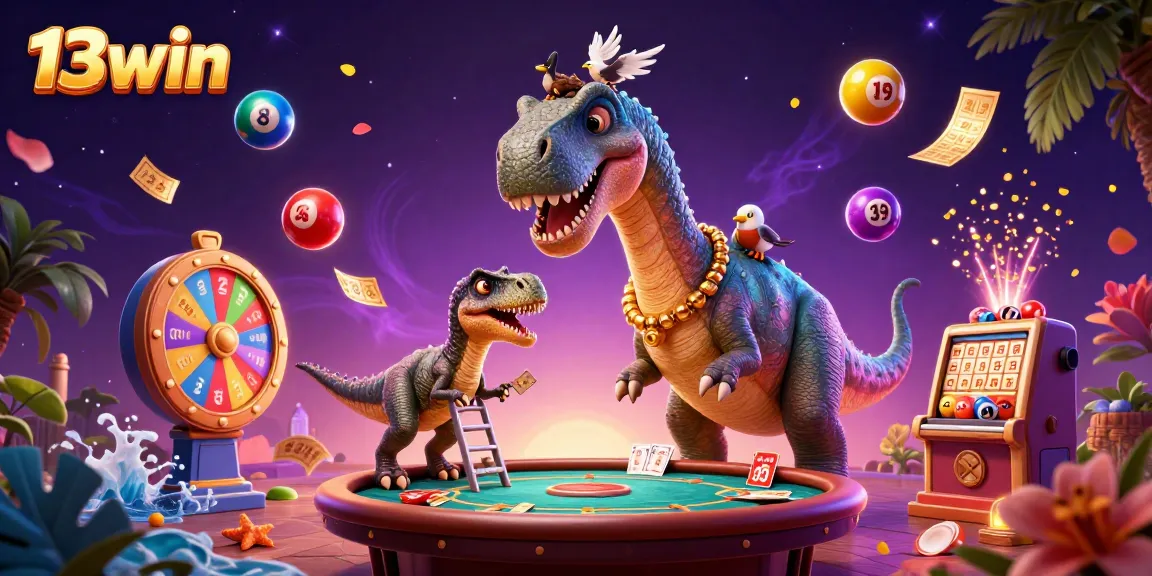 Experience the excitement of 13win with a dynamic casino scene featuring playful characters and vibrant game elements.