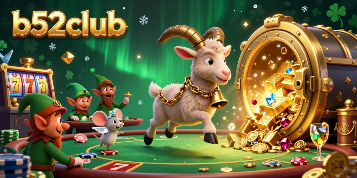 Engage in thrilling games at b52club's vibrant casino, featuring Krampus and an angel mouse amidst sparkling jewels.