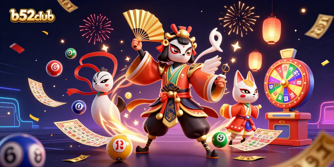 b52club illuminates the online casino experience with a vibrant 3D illustration featuring dynamic lottery action.