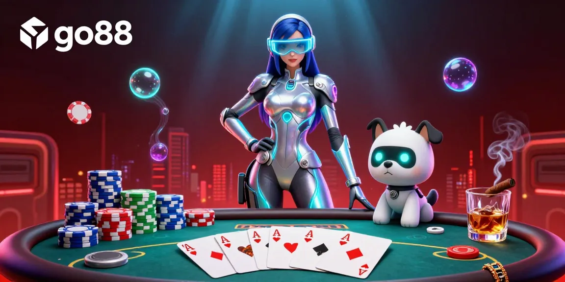 Experience the excitement of go88 with a stunning illustration of poker elements and futuristic technology in a vibrant casino.