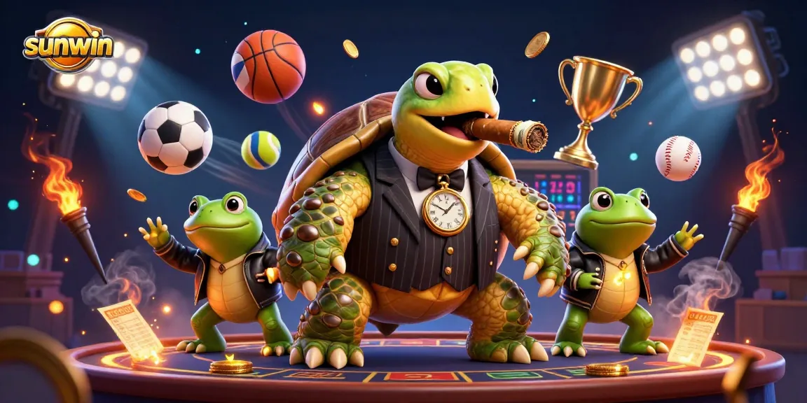 Experience the vibrant world of sunwin with a 3D cartoon turtle and bullfrogs on a dynamic casino floor.