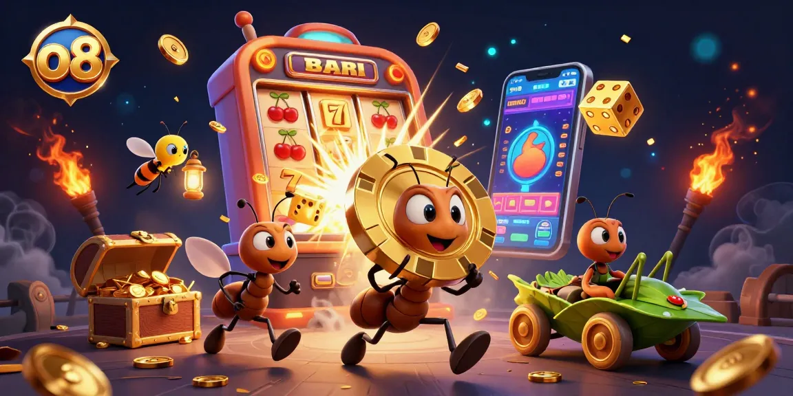 Join the fun with o8's exciting heist as cartoon ants race with a golden poker chip amidst casino chaos!