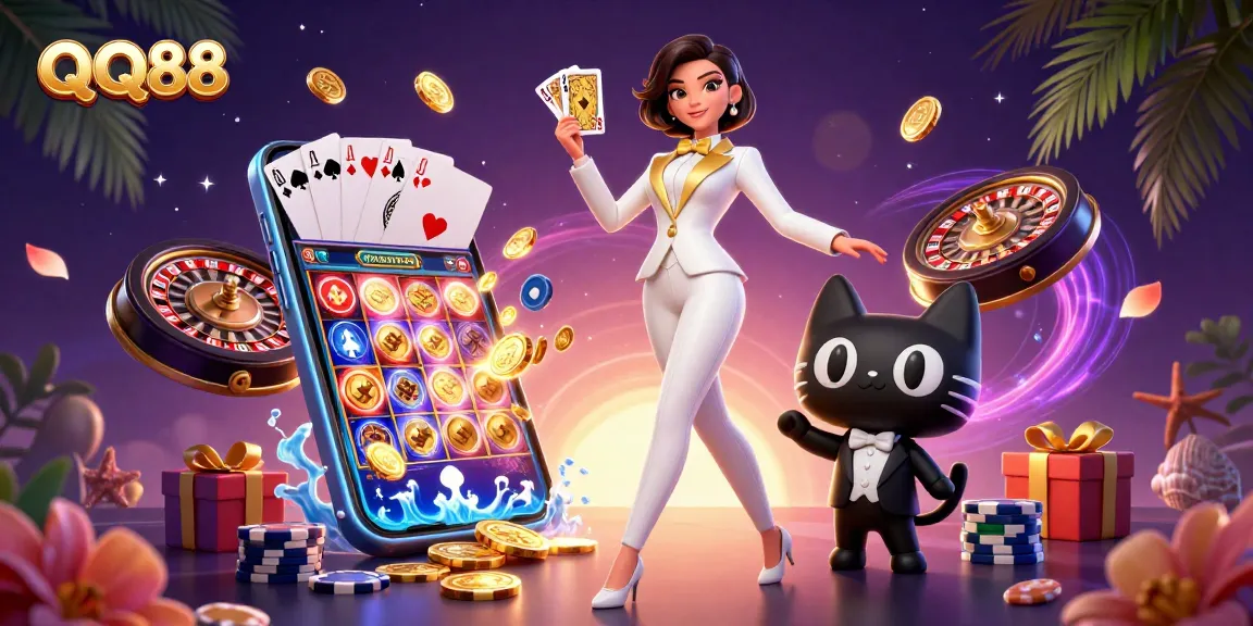 Engage with QQ88's thrilling casino experience featuring a glamorous woman and playful cat amidst dynamic gaming elements.