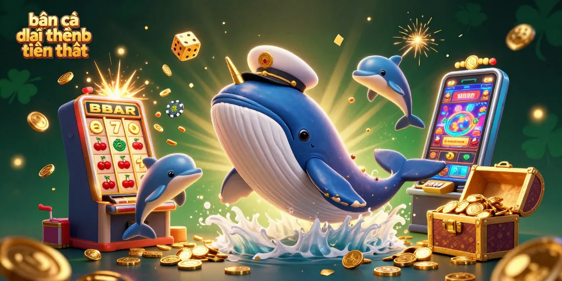 A vibrant illustration of bắn cá đổi thưởng tiền thật featuring a cartoon whale, narwhal, and dolphins amidst slot machines, coins, and dice.