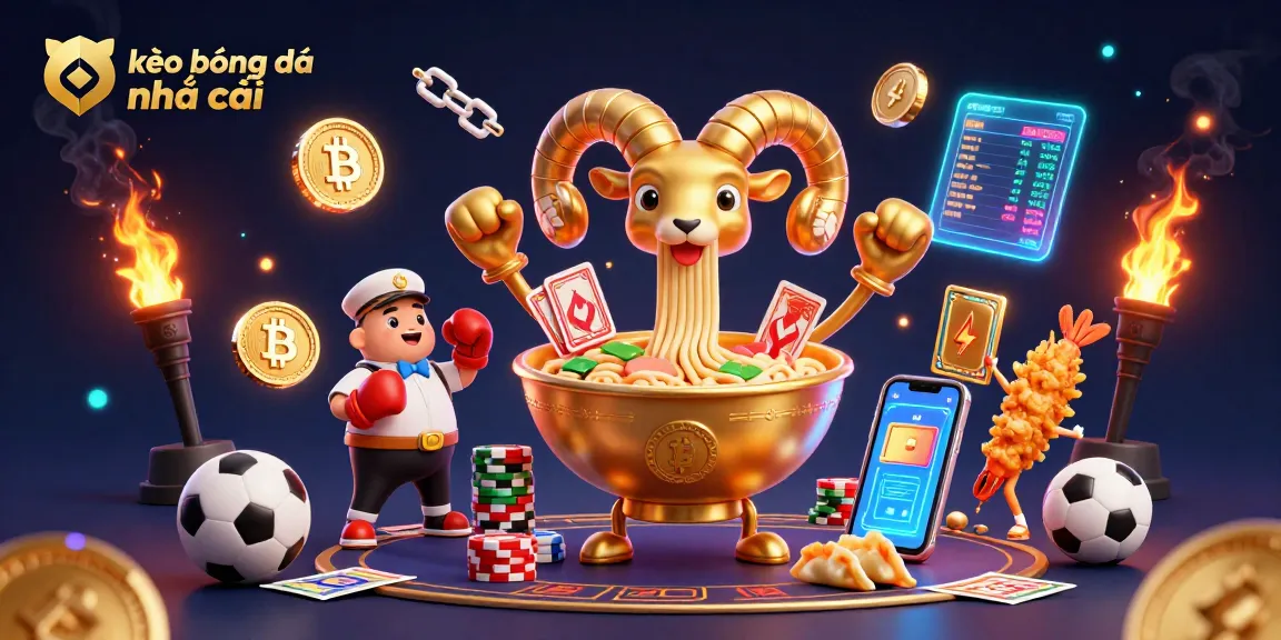 Engage with kèo bóng đá nhà cái through a vibrant illustration of a golden ramen bowl and betting elements!