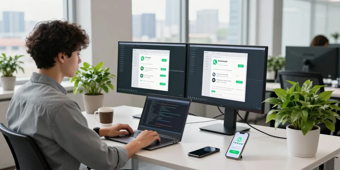 WhatsApp下載 app showcased on multiple screens in a modern tech workspace with developer.