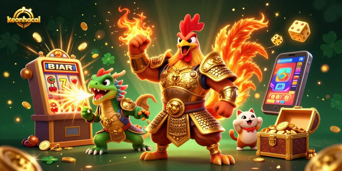 Experience thrilling wins with keonhacai, featuring a fighting rooster warrior and jackpot symbols!