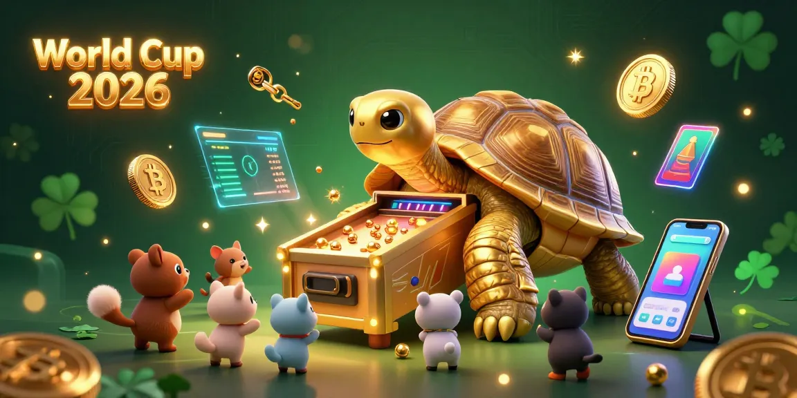 World Cup 2026 showcases a golden tortoise pinball machine as small animals engage in gaming excitement.