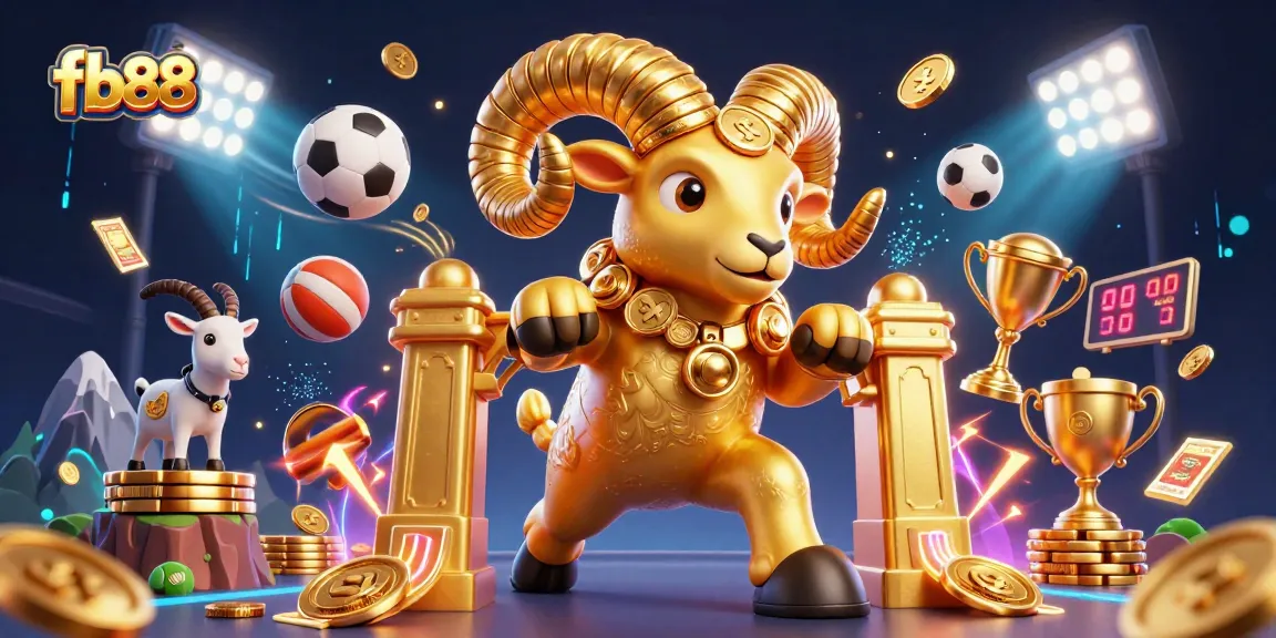 Engage with fb88 in a vibrant casino scene featuring a golden ram charging at a prestigious trophy.