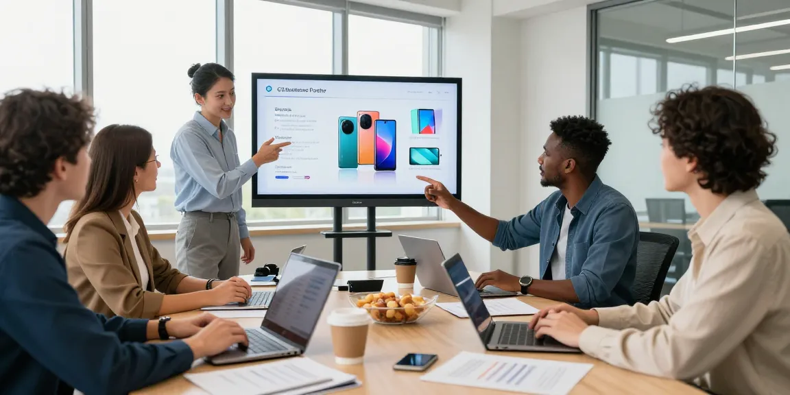 Team discussing O2 business handsets features in a modern office environment.