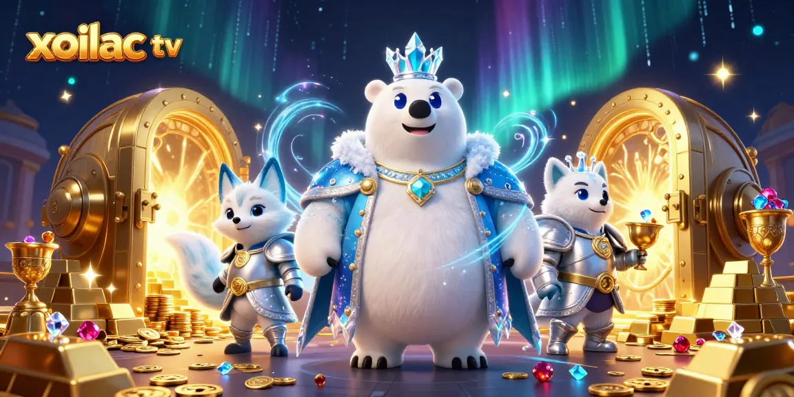 Xoilac TV engages players with a vibrant 3D illustration showcasing a polar bear king and fox amidst treasures.