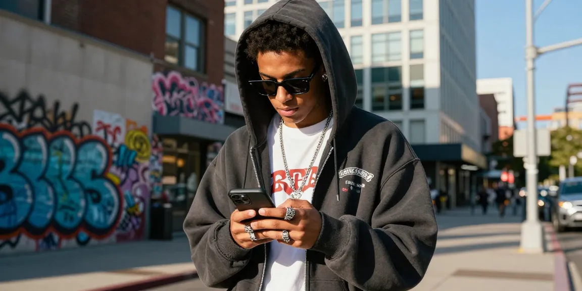 Stylish individual in Chrome Hearts hoodie with urban backdrop, embodying luxury streetwear culture.