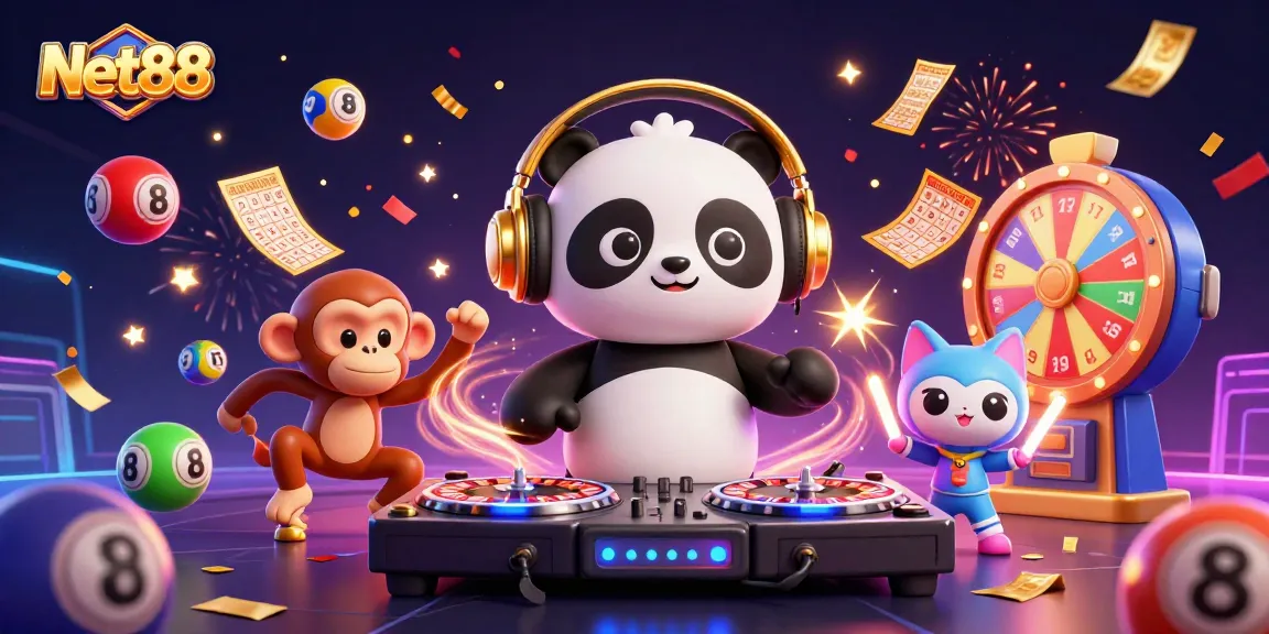 Experience Net88’s exciting gaming scene with vibrant 3D characters and casino elements.