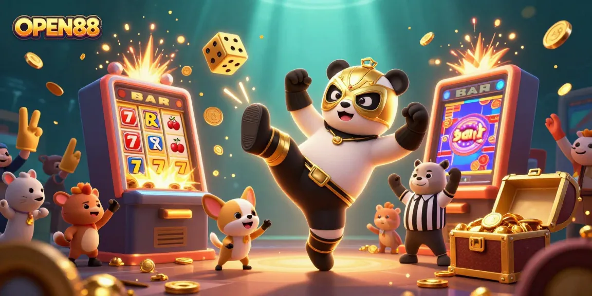 Bet big at OPEN88 with a dynamic scene featuring a wrestler panda, spectacular jackpots, and vibrant casino elements.