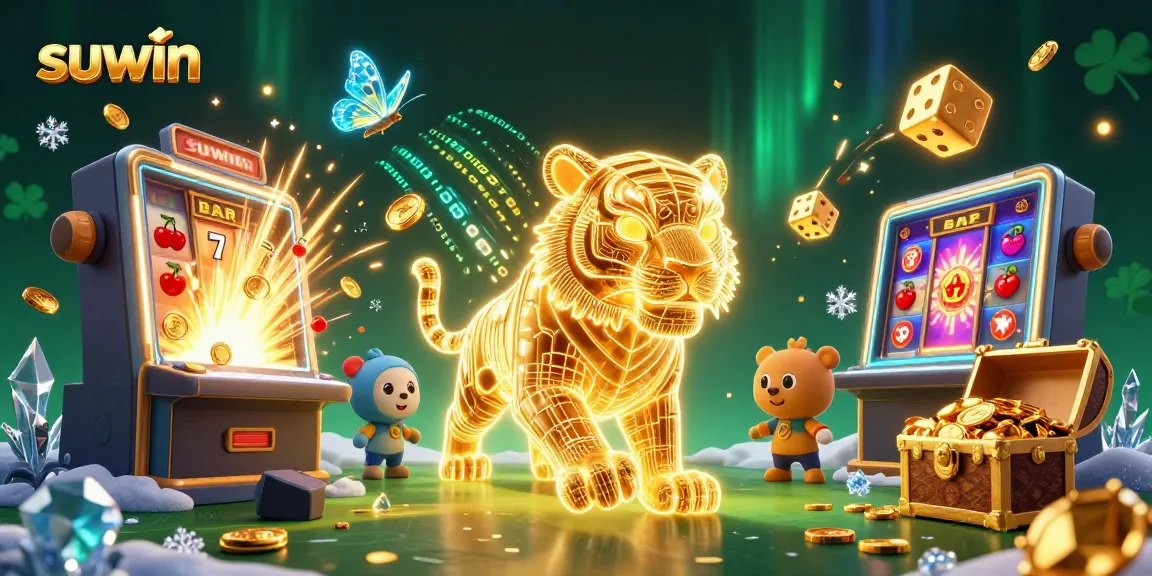 Suwin showcases a dynamic casino scene with a neon golden tiger, jackpot slots, and glimmering treasures.