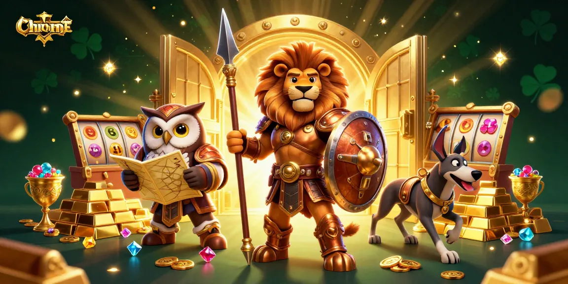Chrome Hearts themed casino illustration showcasing a Spartan lion, owl strategist, and greyhound amidst slot reels and treasures.
