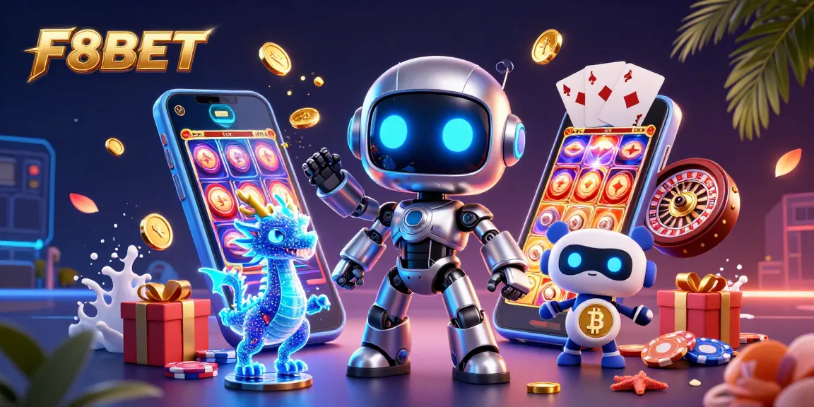 F8BET showcases a vibrant 3D casino scene with colorful slot games and dynamic gambling elements