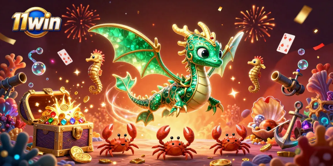 Experience winning thrills at 11win with a fantastical sea dragon treasure hunt illustration.