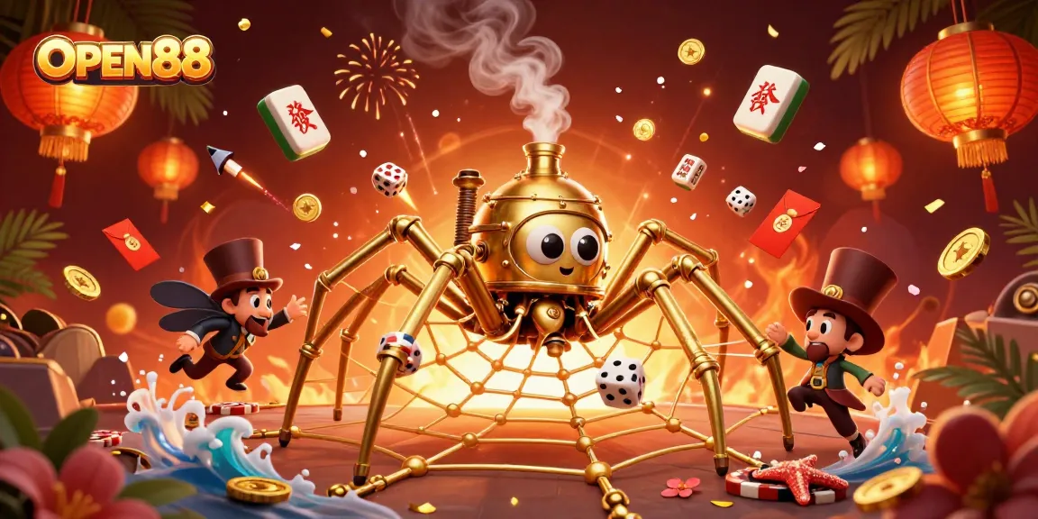 Join the excitement at OPEN88 as the steampunk spider ensnares dice in a vibrant casino scene.