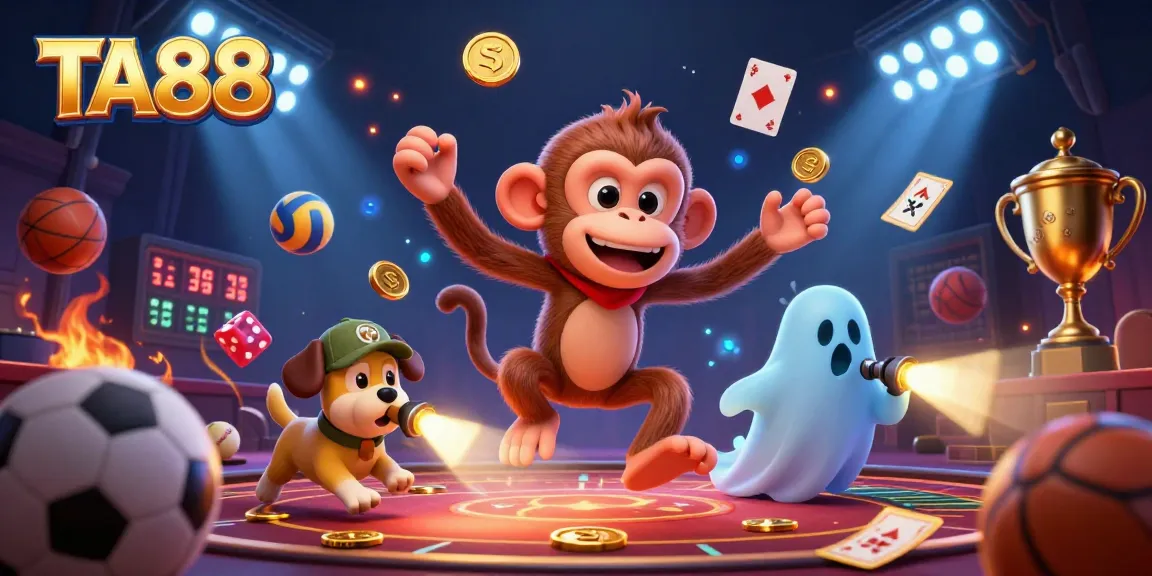 Experience thrilling gameplay with TA88 in a vibrant casino scene featuring a playful ghost and a curious puppy.