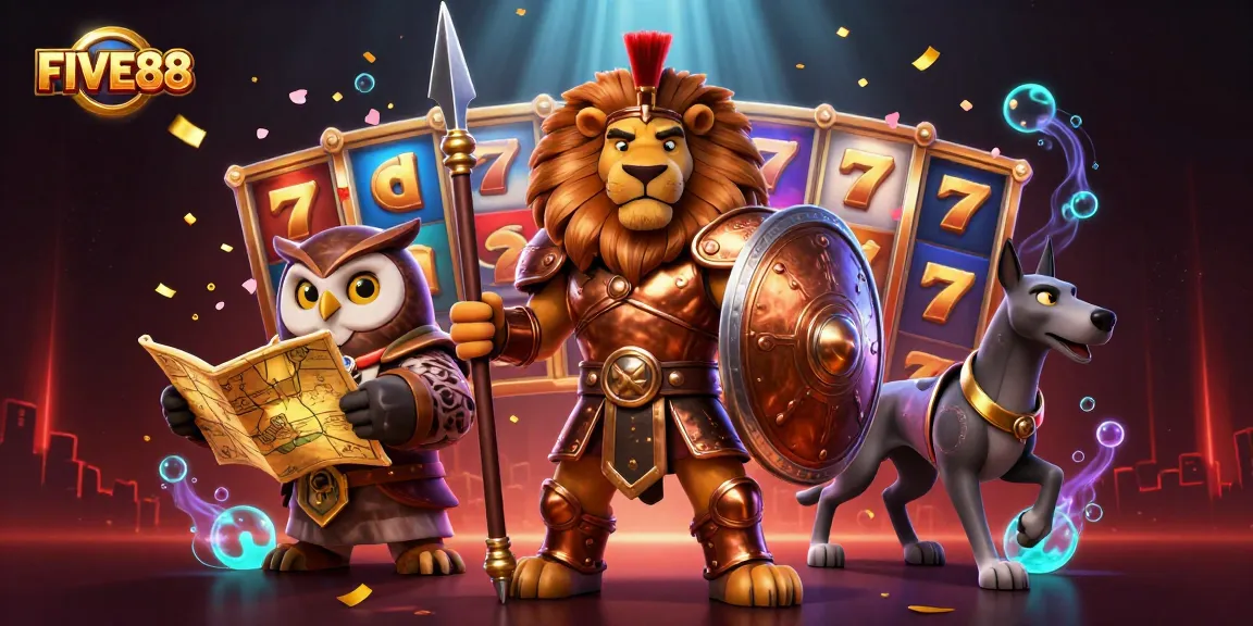 FIVE88 features a Spartan lion and owl amidst vibrant slot elements for an engaging casino experience.