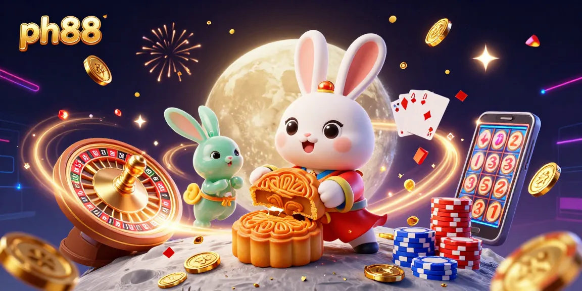 Play and win at ph88 with a lively scene of lunar festivities highlighted by golden mooncakes and vibrant casino elements.