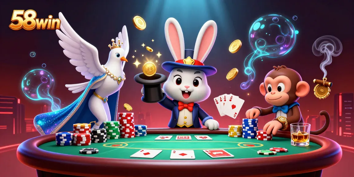 Experience the thrilling magic of 58win as a rabbit conjures golden coins at an exciting casino scene.
