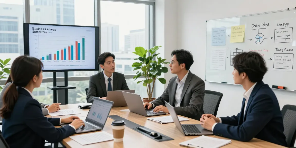 Diverse professionals discussing business energy rates in a modern office setting with graphs displayed.