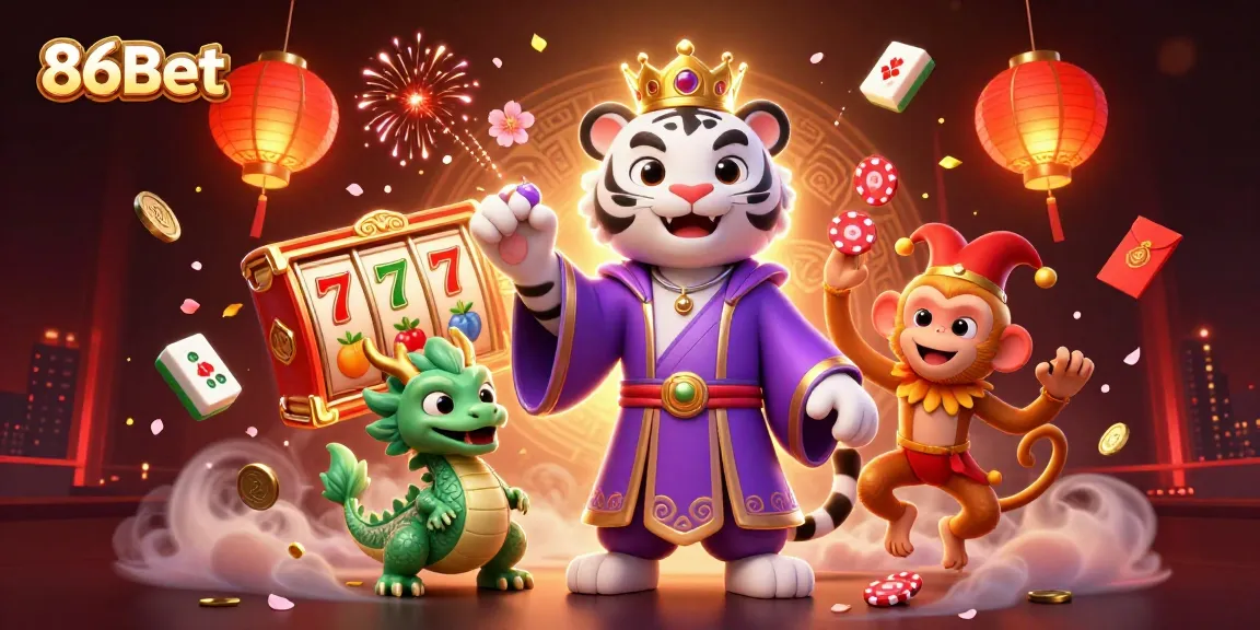 Engage with 86Bet's vibrant casino world, showcasing a lively scene with a white tiger, playful monkey, and jade dragon.