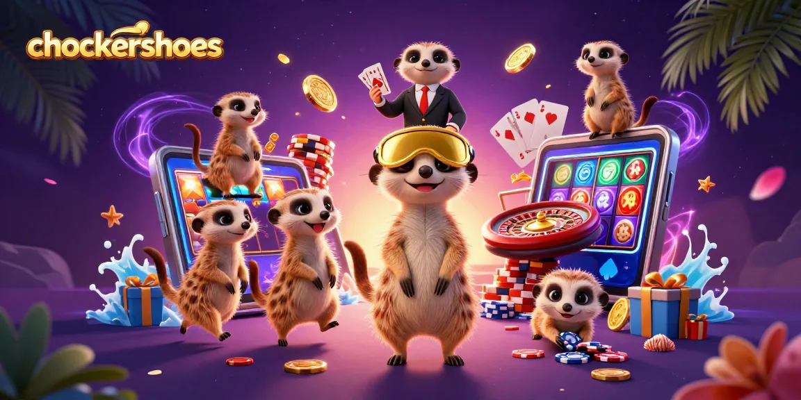 Win at chockersshoes with a vibrant meerkat-themed casino scene full of gambling activities.