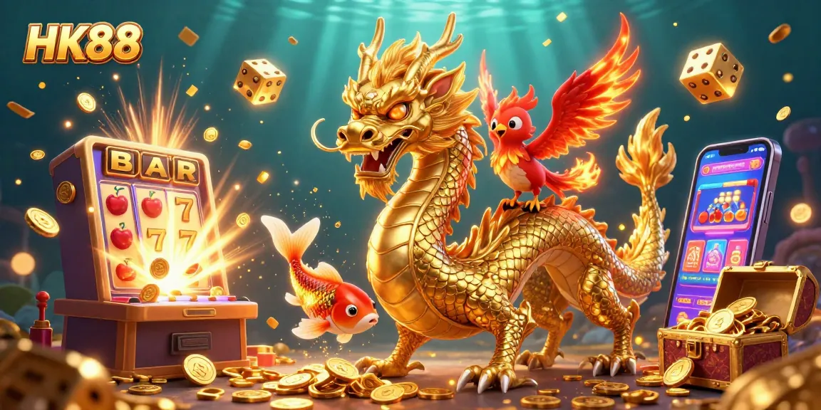 Experience thrilling HK88 gaming with a golden dragon, phoenix, and koi in a vibrant casino scene.