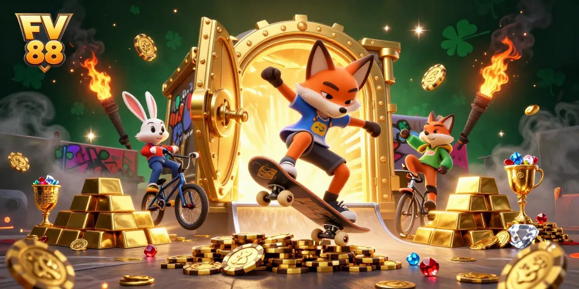 Engage with FV 88 in a vibrant casino scene featuring a skateboarder fox and BMX rabbit surrounded by golden treasures.