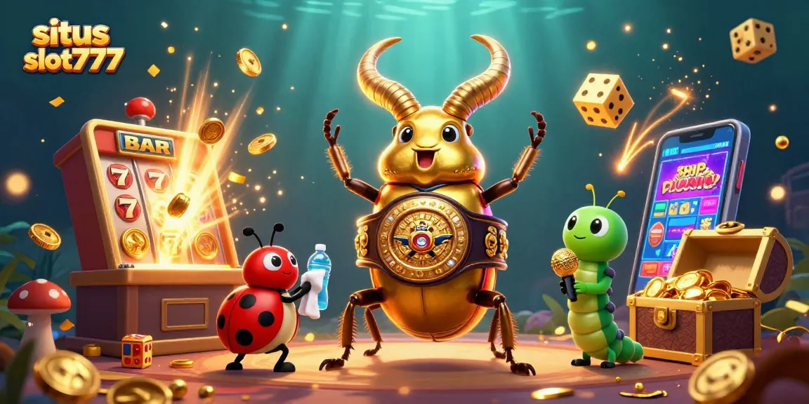 Experience the thrill of winning at situs slot777 with a giant golden stag beetle in a dynamic casino scene.