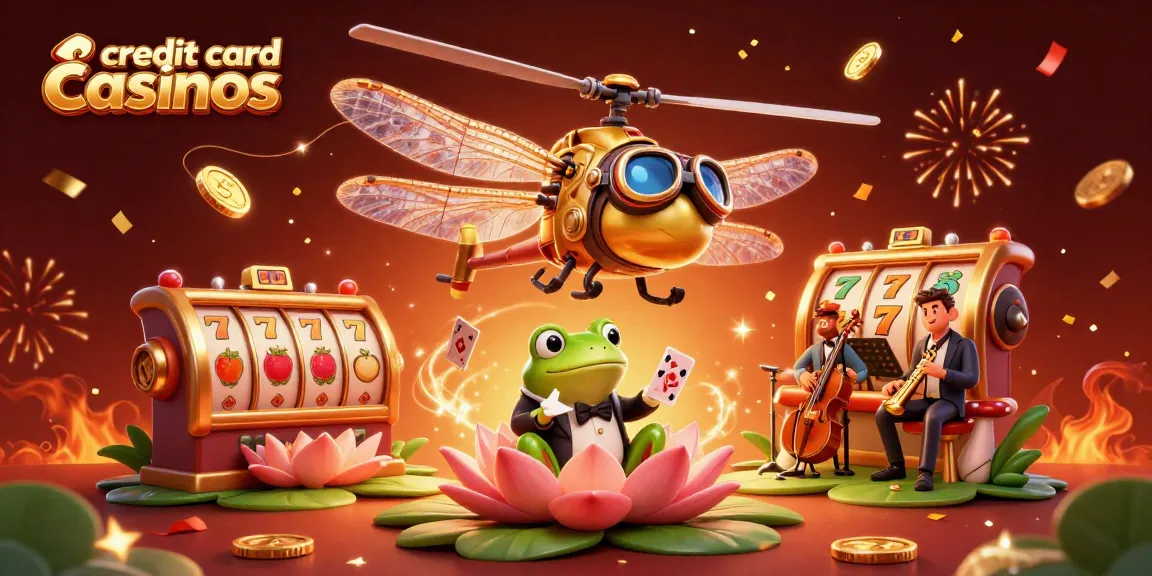 Explore exciting credit card casinos with animated dragonfly pilot, frog croupier, and slots!
