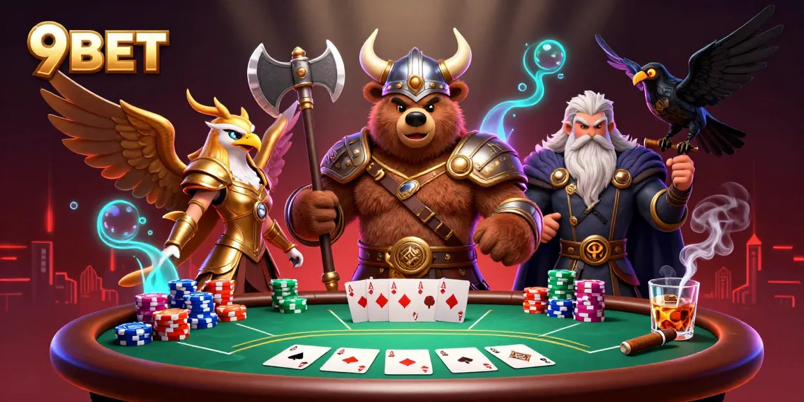 Experience thrilling casino action with 9BET as Viking characters battle over poker chips and cards.