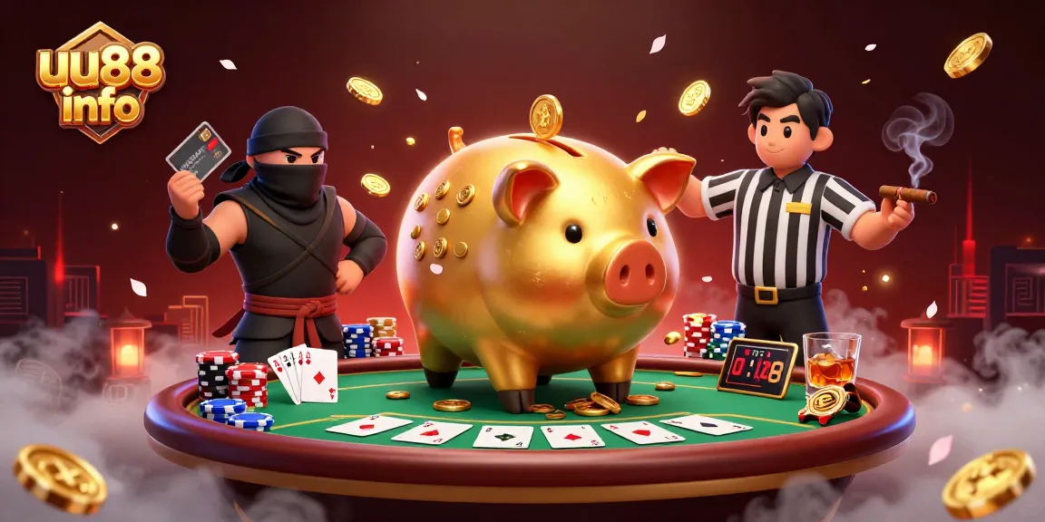 uu88 info showcases a dynamic casino scene featuring a golden piggy bank sumo wrestler with coins and poker elements.