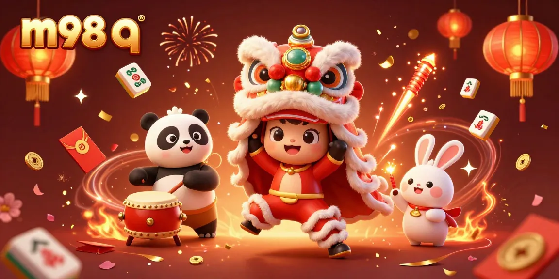Engage with m98 q through vibrant lion dance imagery illustrating a festive casino scene filled with excitement.