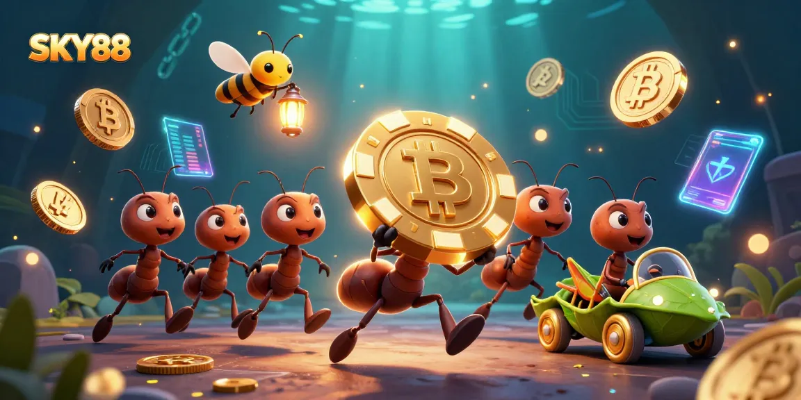 Engage with the thrilling world of SKY88 casino through a dynamic scene of cartoon ants heisting a giant poker chip.