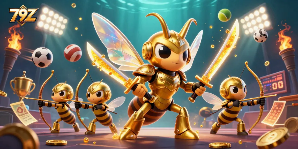 79Z enhances the gaming experience with a dynamic 3D illustration of a hornet warrior leading bee archers.