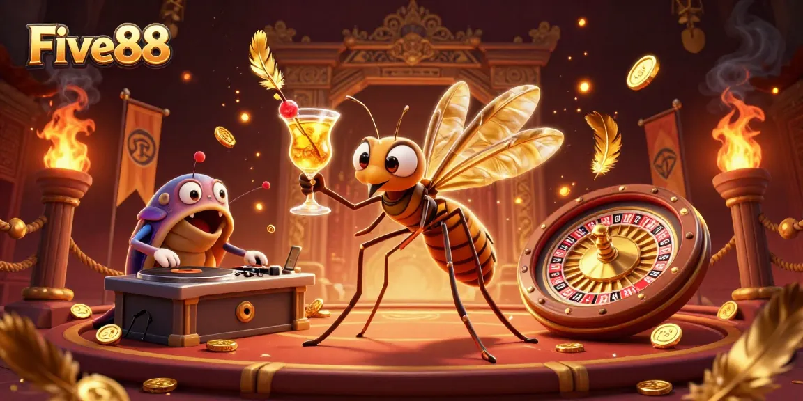 Experience thrilling gameplay at Five88 with a vibrant casino mascot, DJ, and roulette wheel illustration.