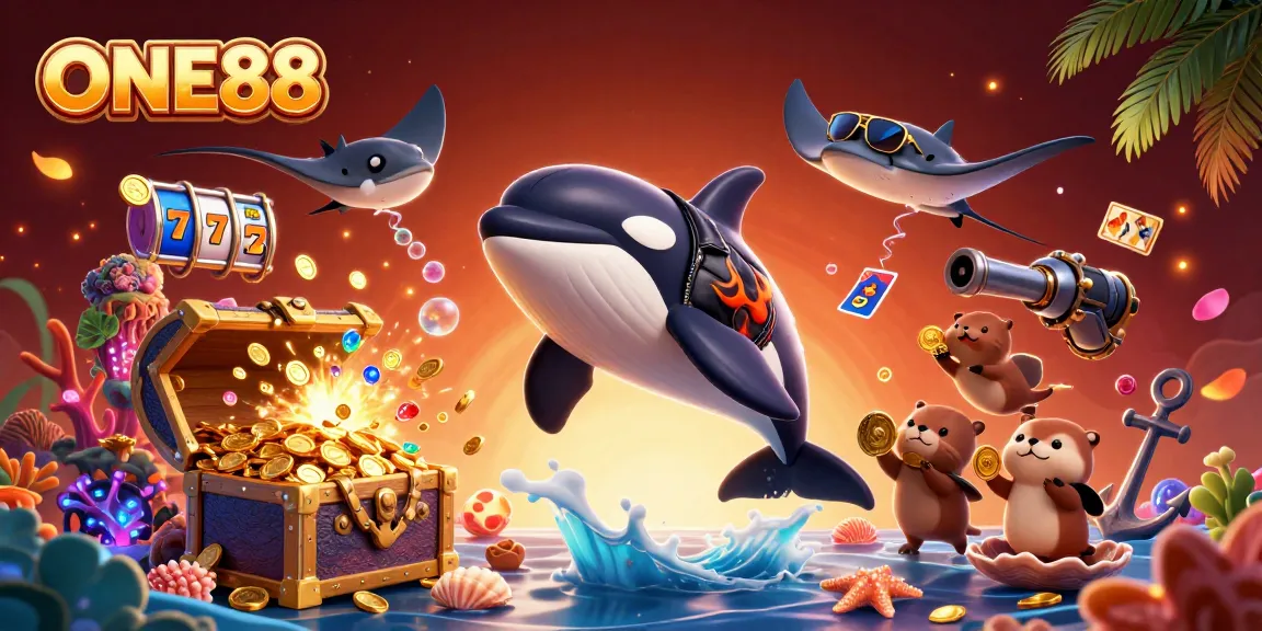 Experience the thrill of winning with ONE88's vibrant casino environment filled with 3D characters and game elements.